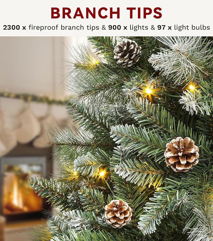 DWVO Prelit Christmas Tree 9ft with 97 Pine Cones & White Pine Needle, Atificial Tree with 900 LED Lights, Full Green Xmaxs Trees with 2300 Metal Hinged Branch Tips & Stand Remote Controlled