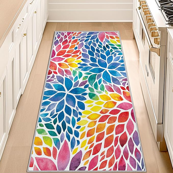 Abstract Colorful Hallway Runner Rugs, 2x6 Rug Modern Rainbow Dahlia Floral Rugs Multicolor Area Rugs, Non-Slip Machine Washable Floor Carpet for Kitchen Entryway Living Room Laundry Office