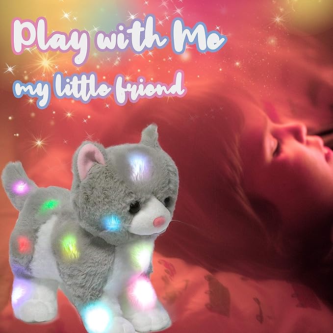 Hopearl LED Plush Kitty Lighting Up Stuffed Animal Cat Floppy Kitten Night Lights Glow in The Dark Birthday Festival for Kids Toddler Girls, Gray, 13.5''