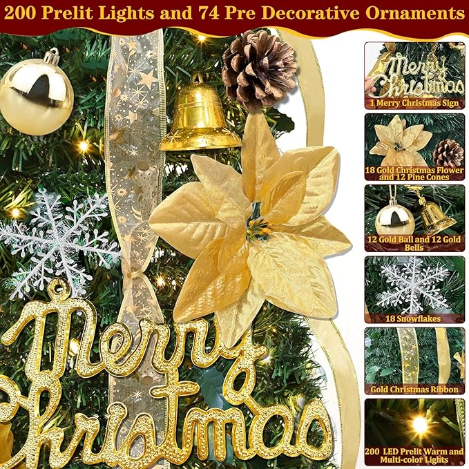 6Ft Pop Up Full Christmas Tree Prelit Dual Color Change and Pre-Decorated 80 Ornaments 1 Minute Christmas Tree 200 Warm White&Colored Lights Timer 8 Mode UL Plug in Collapsible Xmas Tree Holiday Decor