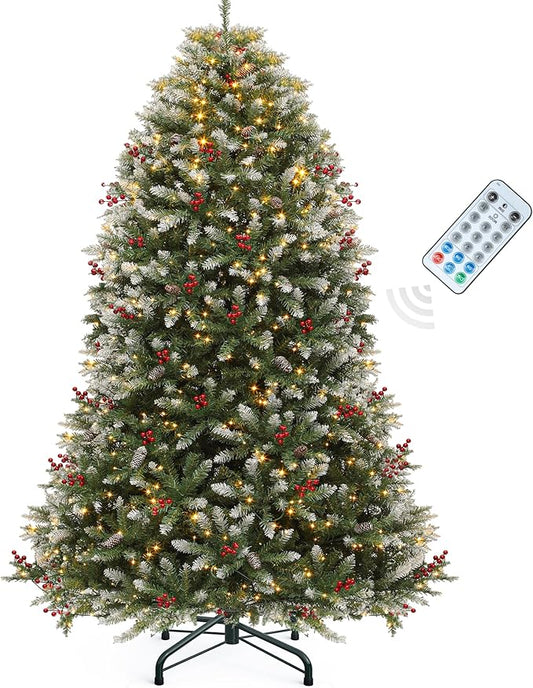 YITAHOME 7.5FT Prelit Frosted Green Christmas Tree with Remote, Pre-Decorated Christmas Tree w/ 2514 Tips, 130 Pine Cones & 130 Berries, 750 Warmwhite & Multi-Color Lights, 11 Modes, Green Bell
