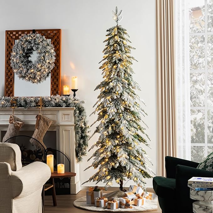 Glitzhome 7.5ft Prelit Christmas Tree, Artificial Christmas Tree with 350 Warm White Lights, Flocked Pencil Christmas Trees Chicago Frostwood Spruce with 1211 PE&PVC Branch Tips,Sturdy Metal Stand