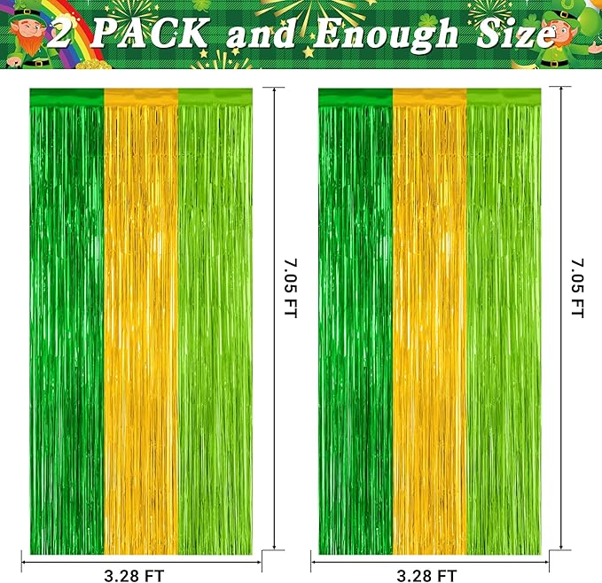 2 Pack St Patrick Party Decorations, 3.28 FT x 7.05 FT Green Gold Light Green Backdrop Curtains, Metallic St.Patrick Fringe Curtains Party Streamer Tinsel Backdrop, St Patrick Party Supplies