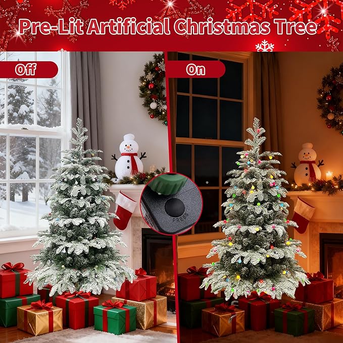 4Ft Pre-Lit Artificial Snow Flocked Christmas Tree, PE & PVC Mixed Layered Christmas Tree Hinged Tree with Lights and Metal Stand, Slim Xmas Tree for Holiday Decor