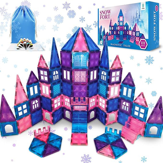 111 pcs Magnetic Tiles - 3D Diamond Building Blocks, STEM Educational Toys for Kids, Perfect for Pretend Play, Birthday Gifts for 3-8 Year Old Girls and Boys, Free Bag Included
