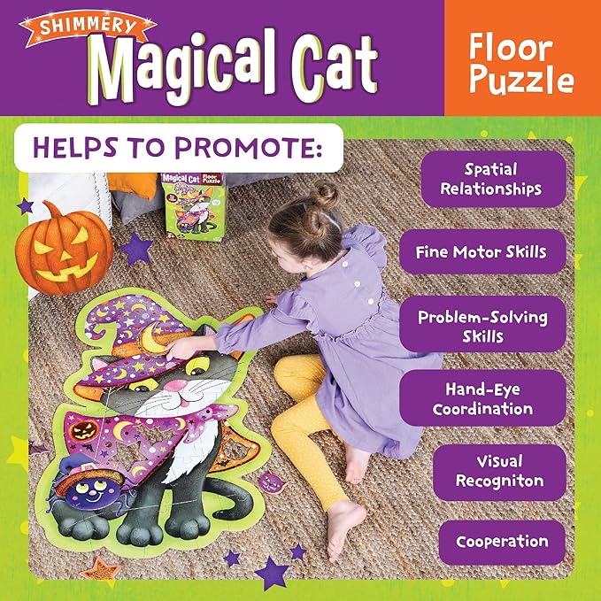 Peaceable Kingdom Shimmery Magical Cat Floor Puzzle, Giant Halloween Puzzle for Kids Ages 3 & up, Fun-Shaped Puzzle Pieces, Great for Classrooms