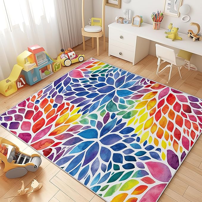 Abstract Colorful 5x7 Area Rug Modern Rainbow Dahlia Floral Rugs Multicolor Kids Area Rugs, Non-Slip Machine Washable Floor Carpet for Bedroom Living Room Playroom Classroom Dorm Office 5' x 7'