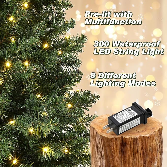 Garvee Pre-lit Artificial Christmas Tree with Warm White Lights, Green Full Christmas Tree 4.5 ft with 8 Light-Modes, Pre Lighted Xmas Tree W/460 Branch Tips, 300 Light & Black Base,1 PCS