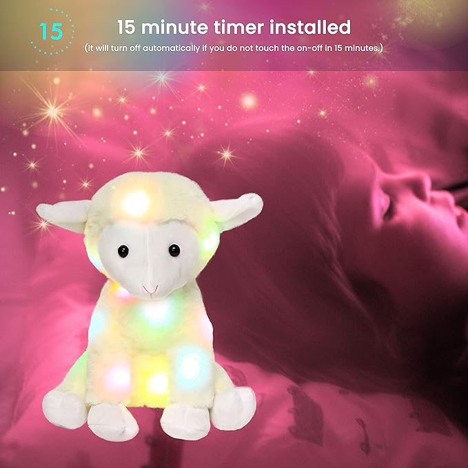 Hopearl LED Plush Lamb Lighting Up Stuffed Sheep Floppy Night Lights Glow in The Dark Birthday Festival for Kids Toddlers, Beige, 11''