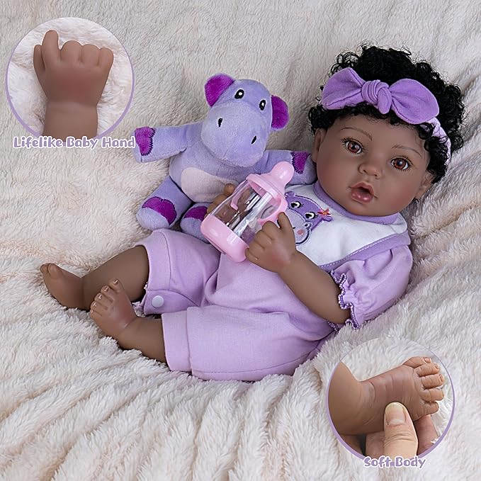 Reborn Baby Doll, 18-Inch Lifelike Baby Dolls American African Baby Girl Soft Cloth Body Newborn Baby Dolls with Clothes and Toy Accessories Birthday Gift for Kids Age 3+
