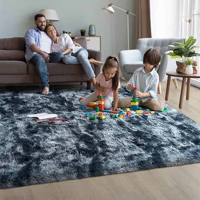 6x9 Fluffy Soft Living Room Bedroom Rug, Large Area Rugs Shaggy Carpet for Living Room ClassroomKids Boys Room Toddler Nursery Dorm Home Decor, Modern Indoor Non Slip Rug Tie-Dyed Blue Grey