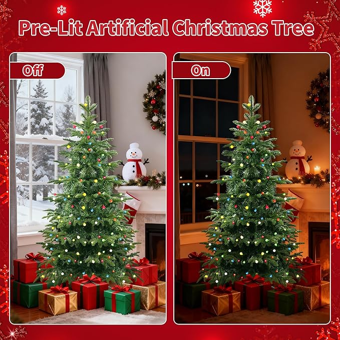 5Ft Prelit Artificial Christmas Tree, Lighted Aspen Fir Christmas Tree with Multicolor Globe Lights and Metal Stand, Slim PE & PVC Mixed Layered Xmas Tree for Holiday Home Decor