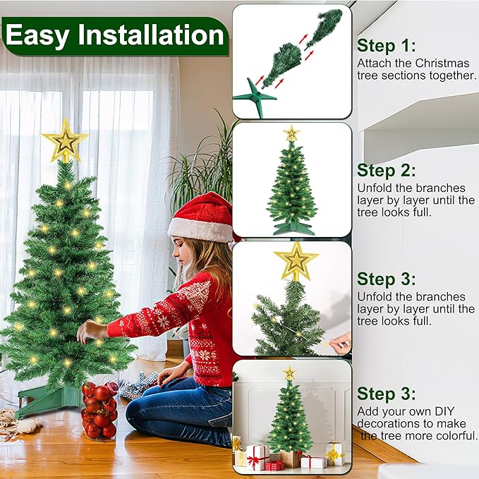3 Ft Green Christmas Tree with Lights, Timer 8 Modes 50 Warm White Lights Battery Operated Small Artifical Full Christmas Tree for Tabletop Home Office Indoor Outdoor Xmas Holiday Party Decorations