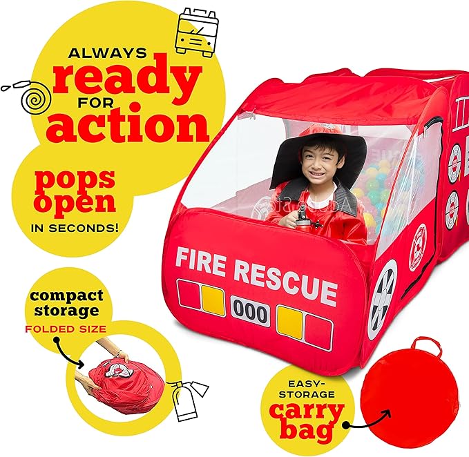 Kiddey Fire Truck Tent for Kids | Firetruck Play Tents with Sirens and Fireman Sounds for Girls, Boys, & Toddlers Gifts | Red Fire Engine Pop Up Playhouse with Costume | Indoor & Outdoor Baby Tent