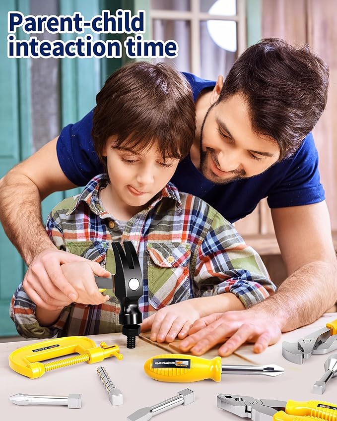 Deejoy Tool Set with Tool Box & Electronic Toy Drill, Pretend Play Kids Construction Kits for Kids Ages 3-5 Years Old, Toddler Boy Toys(Orange)