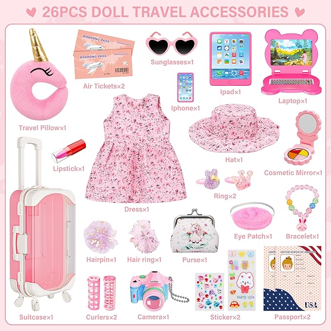 Doll Suitcase Travel Set, 18 inch Doll Clothes and Accessories - 26 Pcs Travel Pillow, Unicorn Bag, Sunglasses, Camera, Computer, Phone, Passport, Birthday Gift for Age 3 4 5 6 Year Old Girls