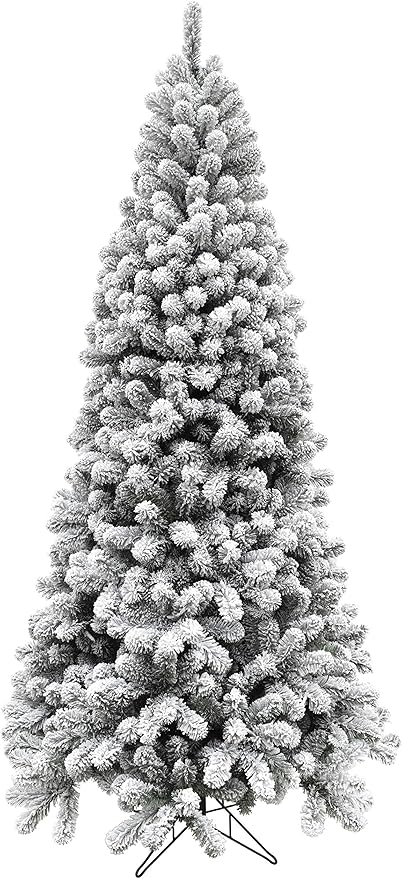 Fraser Hill Farm 6.5-Ft. Alaskan Pine Flocked Artificial Christmas Tree with Stand, Unlit Foldable Fake Tree with Realistic Snowy Foliage for Home Decoration