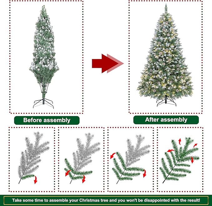 7.5FT Pre-Decorated Holiday Christmas Tree for Home, Office, Party Decoration, Partially Flocked Design, Pine Cones, Metal Hinges & Base - Green/White (Regular Warm, 7.5FT)