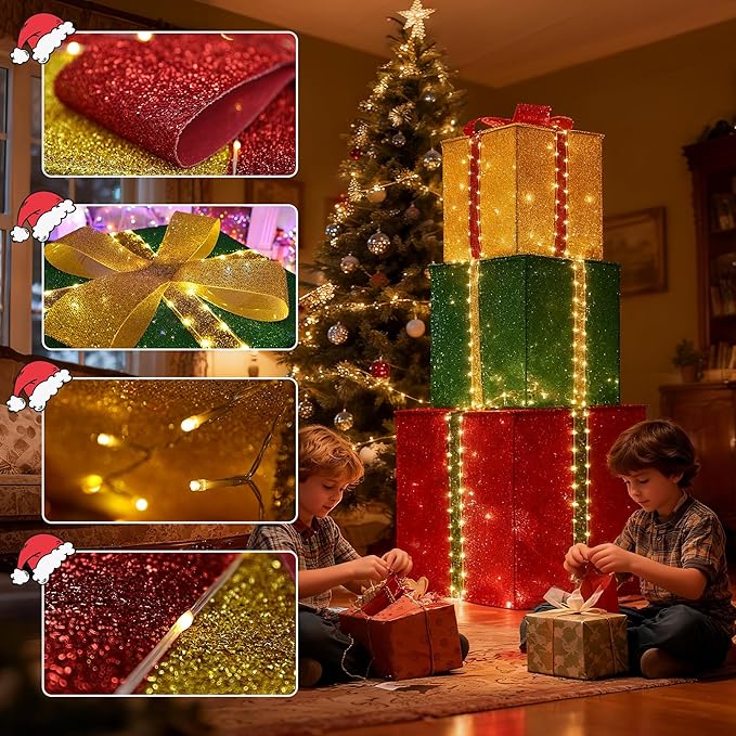 4.9FT Set of 3 Large Christmas Lighted Gift Boxes - 131 LEDs Pre Lit Presents Christmas Boxes Tower with Different Sizes for Holiday Indoor Outdoor Decoration (23.6+19.7+15.7 Inch)