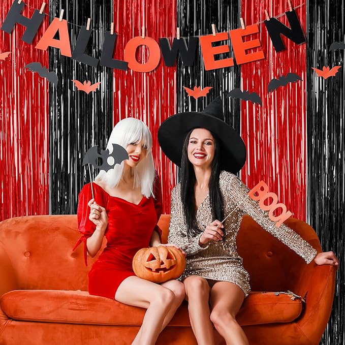 8 Pack Halloween Party Supplies, 3.28 FT x 7.05 FT Red and Black Foil Streamer, Metallic Fringe Curtains Tinsel Backdrop Party Streamer, Hanging Halloween Decorations Casino Party Decor
