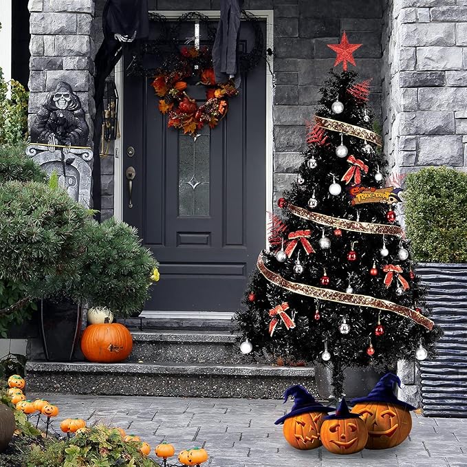 Bonnlo Upgraded Full 6ft Artificial Black Halloween Christmas Tree Holiday Decoration w/ 1,600 Branch Tips, Sturdy Metal Stand