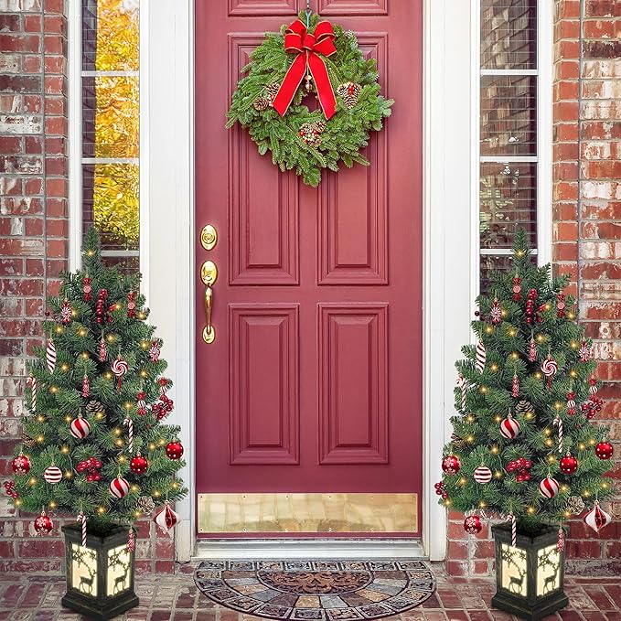 3ft Prelit Christmas Tree with 78 Warm Lights & Red Berry & Pine Cone, Mini Christmas Tree with Vintage Elk Light Potted Base, Tabletop Small Xmas Tree Decor for Porch,Home,Office,Indoor