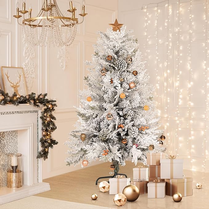 4FT Premium Artificial Christmas Tree, Snow Flocked Hinged Pine Tree w/800+ Snowflake Branches, Solid Metal Stand for Holiday Decoration Indoor Outdoor Use, Green