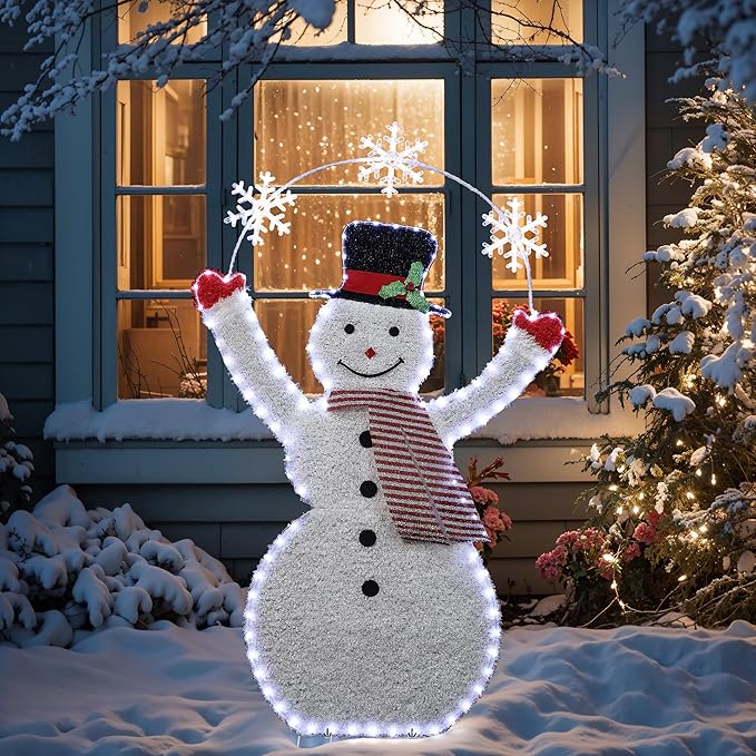 LuxenHome 5FT Lighted Snowman Outdoor Christmas Decorations, 2D Light Up Snowman Christmas Decor with 70 LED Light & Snowflake Arch, Xmas Decorations Outdoor, Indoor for Porch, Lawn Holiday Display
