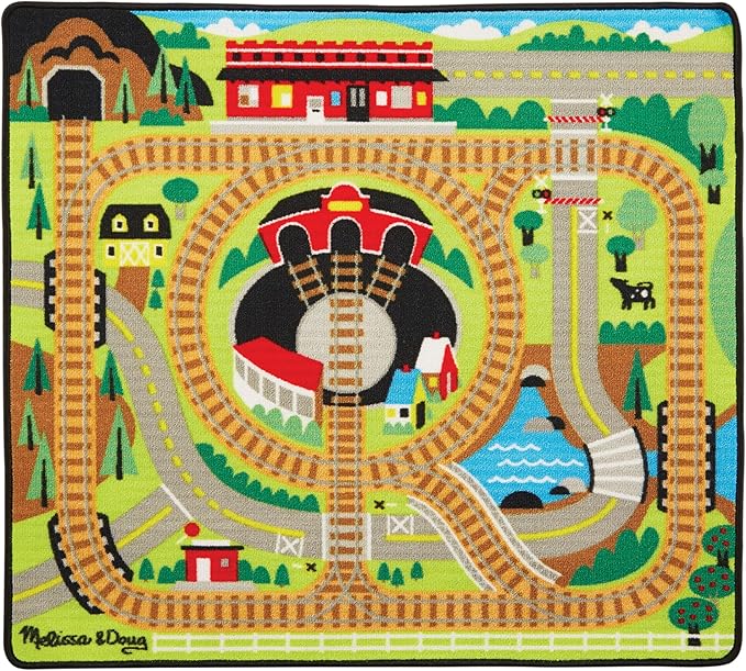 Melissa & Doug Round the Rails Train Activity Play Rug, 3 Wooden Train Cars (39" x 36")