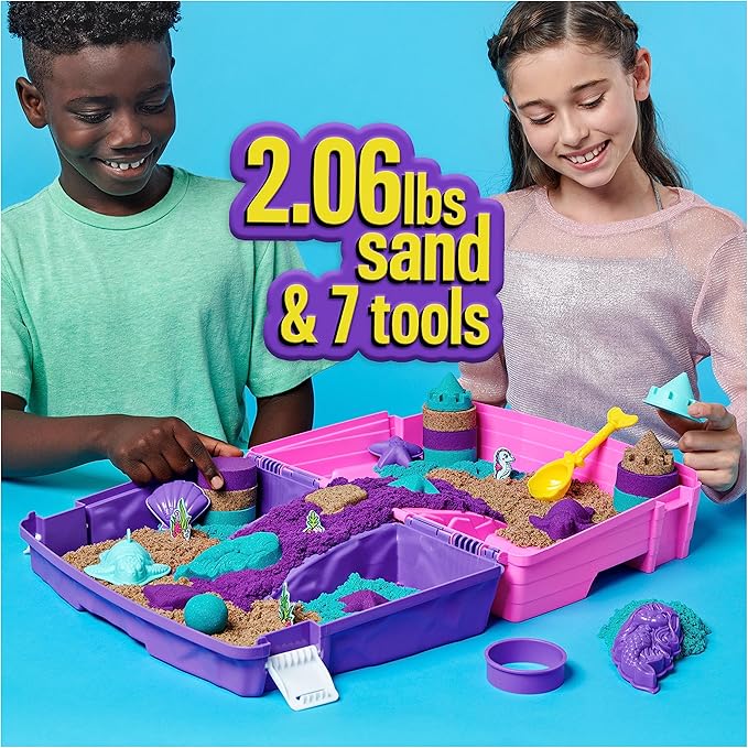 Kinetic Sand, Mermaid Palace Playset with 2.06lbs Play Sand (Neon Purple, Shimmer Teal & Beach), Tools & Folding Sandbox, Sensory Toys for Kids