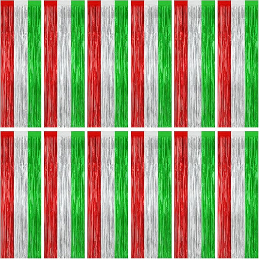 12 Pack Christmas Party Backdrop, 3.28 FT x 7.05 FT Red Silver Green Foil Streamer, Metallic Fringe Curtains Tinsel Streamer, Hanging Christmas Decorations Picture Props Door Decor