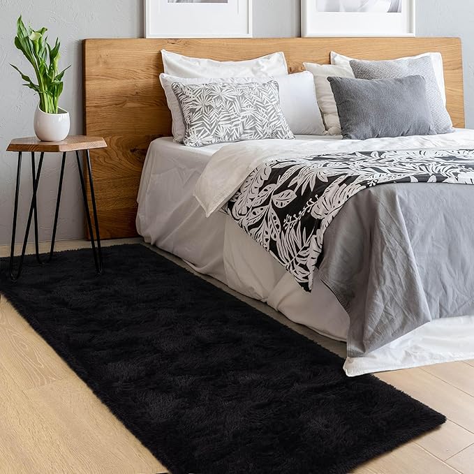 2x6 Runner Rug Black Shag for Bedroom Soft Carpet, Long Fluffy Shaggy Rugs Non Slip for Bedside Living Room Classroom Kids Boys Girls Room Nursery Dorm Home Decor