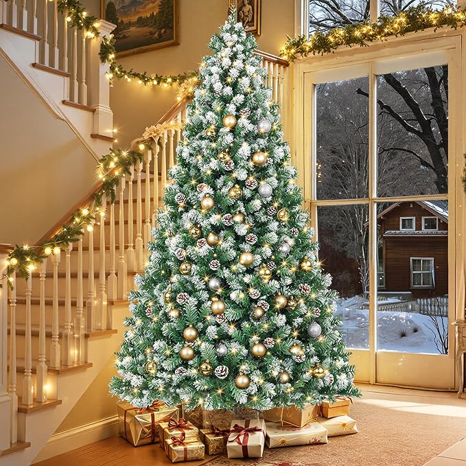 HOLLO STAR 7.5 ft Prelit Christmas Tree with 379 LED Lights, App Control, Artificial Christmas Tree, Multi-Color RGBW Lights, 1476 Flocked Frosted Tips, 86 Pine Cones, Metal Base, for Home, Party