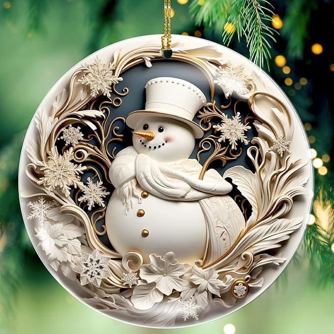 2025 Christmas Ornament – Elegant White & Gold Snowman Acrylic Ornament, Luxury Design for Tree & Holiday Décor, Dated Navidad 2025 Ornament, Classic Winter Decoration Gift Idea