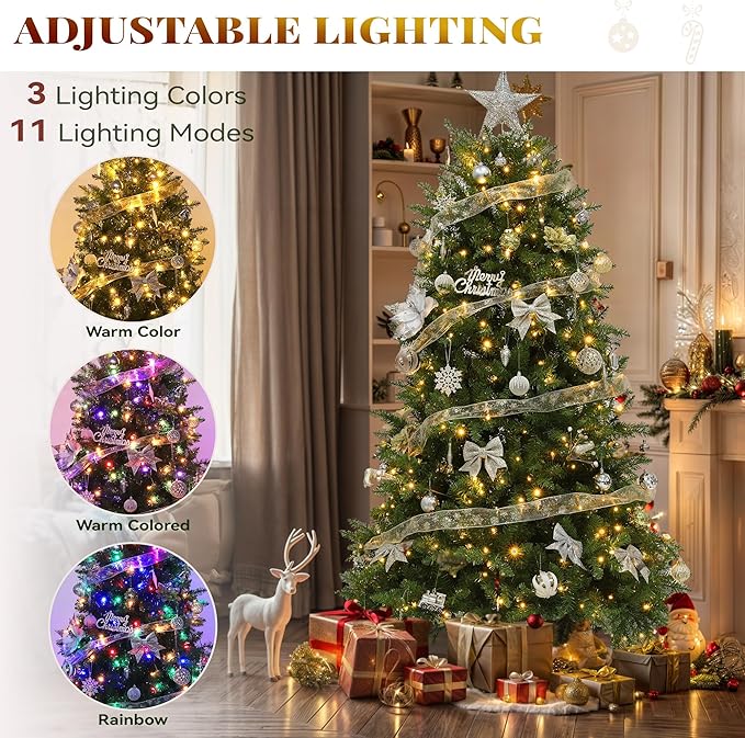 YITAHOME 6ft Prelit Green Artificial Christmas Tree with Remote Control, Pre-Lit Christmas Tree with Multicolor Lights and 11 Light-Modes, Green Bell