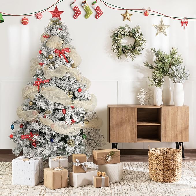 6FT Premium Artificial Christmas Tree, Snow Flocked Hinged Pine Tree w/1000+ Snowflake Branches, Solid Metal Stand for Holiday Decoration Indoor Outdoor Use