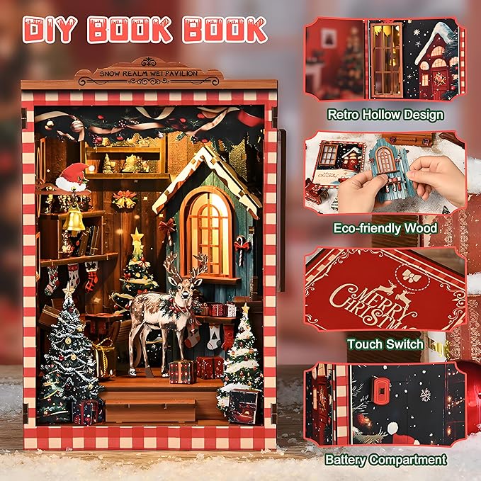 Miniature Christmas Book Nook Kits for Adults - DIY Tiny House 3D Wooden Puzzle Xmas Books,Beautiful Bookshelf Decoration for All Occasions(Christmas Snow Realm)