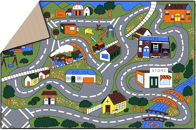 Ottomanson 3'3" x 5' Kids Road Map Rug - Interactive City Traffic Play Mat for Toy Cars - Perfect for Playroom, Bedroom, Daycare & Classroom - Durable & Non-Slip for High-Traffic Areas, Multicolor
