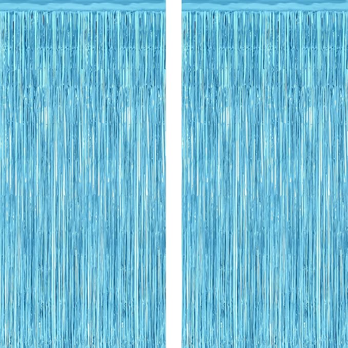 2 Pack Backdrop Curtains, 3.28 Feet x 7.05 Feet Sky Blue Tinsel Backdrop, Metallic Fringe Curtains Foil Tinsel Party Streamer, Winter Backdrop Happy Birthday Party Supplies