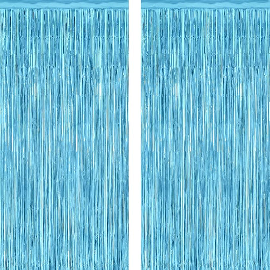 2 Pack Backdrop Curtains, 3.28 Feet x 7.05 Feet Sky Blue Tinsel Backdrop, Metallic Fringe Curtains Foil Tinsel Party Streamer, Winter Backdrop Happy Birthday Party Supplies