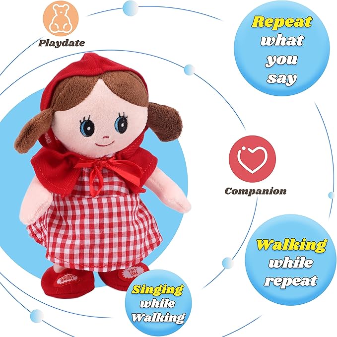 Hopearl Talking Singing Doll Repeats What You Say Girl Walking Electric Interactive Animated Toy Speaking Plush Buddy Gifts for Toddlers, Red, 8''