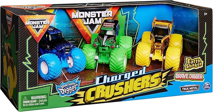 Monster Jam, Charged Crushers 3-Pack (Grave Digger, Son-Uva Digger and Earth Shaker), 1:64 Scale