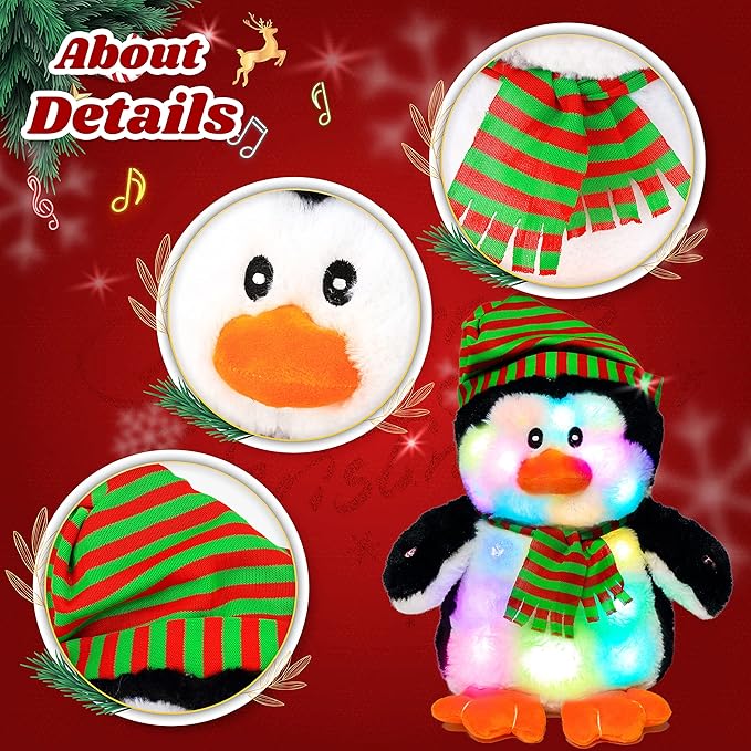 Cuteoy Penguin LED Musical Stuffed Animal Light-up Singing Plush Adjustable Volume Lullaby Plushies Birthday Christmas Toy Gifts for Kids Toddler Girls, 11"