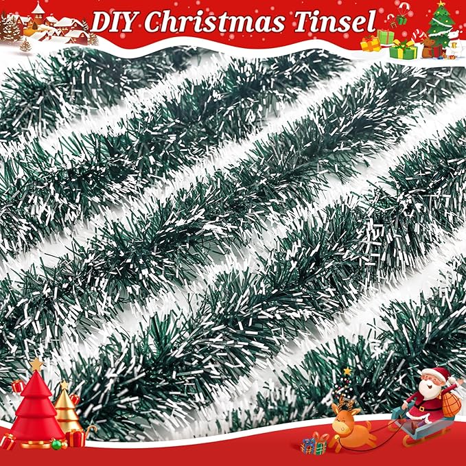 50Ft Christmas Tinsel Garland Dark Green Xmas Tree Decorations Metallic Glitter Twist Garland for Christmas Tree Decorations New Year Party Birthday Holiday Supplies Indoor Outdoor Supplies
