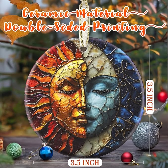 3.5 Inch Ceramic Christmas Tree Ornament, Sun and Moon Christmas Ornaments, Heirloom Keepsake, Gift Exchange, Gift Idea, Bauble Present