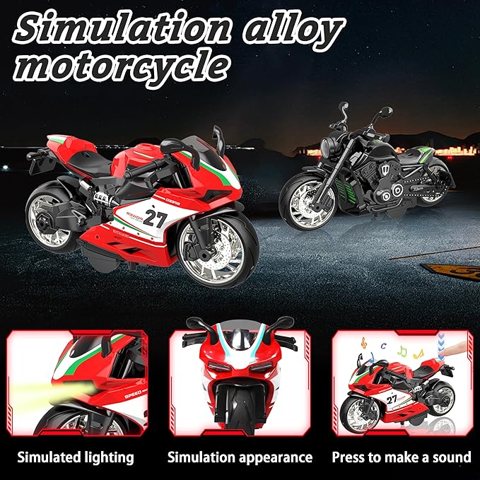 4-Pack Pull-Back Motorcycle Toys - Friction Powered Kids Toy Cars with Lights, Sounds & Automatic Drive for Boys & Girls Aged 3-12