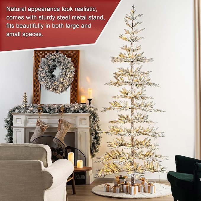 Glitzhome 9ft Deluxe Pre-Lit Flocked Artificial Christmas Tree Serene Snowscape Fir for Home, Office, Party Decoration with 650 Warm White Lights, Metal Hinges & Base, Easy Assembly