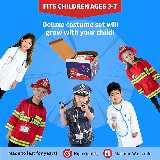 Born Toys Premium 16pcs Costume Dress up Set for Kids Ages 3-7 Fireman,Police Costume, and Doctor All Sets are Washable and Have Accessories