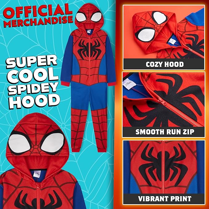 Marvel Spiderman One Piece Pajamas Set Boys, Teens, Fleece Hooded Jumpsuit, Superhero Outfit, Loungewear PJs, Gifts for Boys