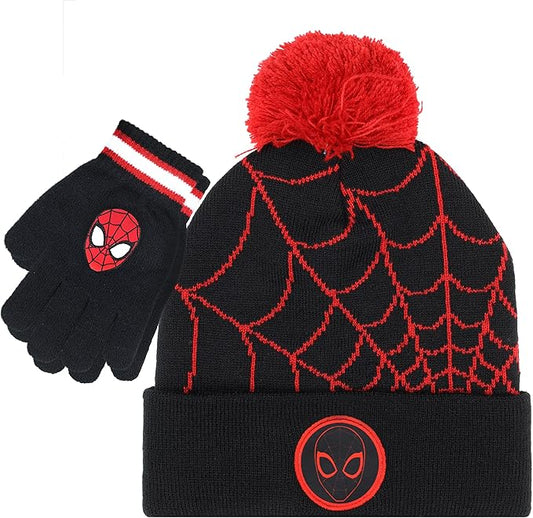 Marvel Spider-Man Kid’s Winter Hat and Snow Gloves for Boys and Toddlers, 2 Pc. Set, Pom-Pom Beanie with Warm Mittens